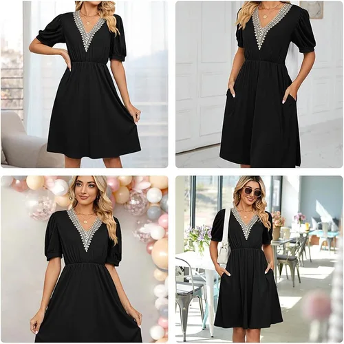 Vista 2 de Atxnn Vestido midi casual de verano para mujer, cuello en V, manga corta, suelto, acampanado, con bolsillos, ribete de encaje, vestido de patinadora