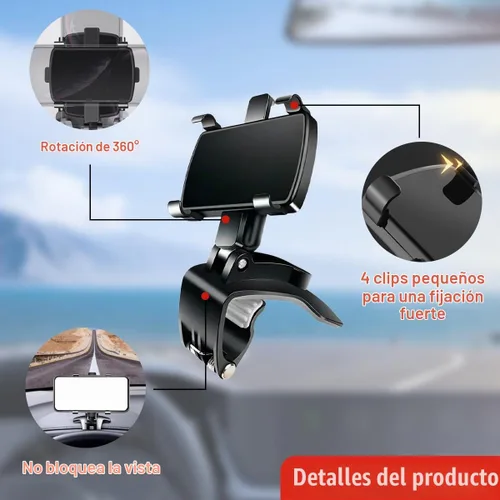 Vista 3 de Soporte para teléfono de coche, soporte giratorio de 360° ABS para espejo retrovisor automático con clip de base antideslizante, soporte