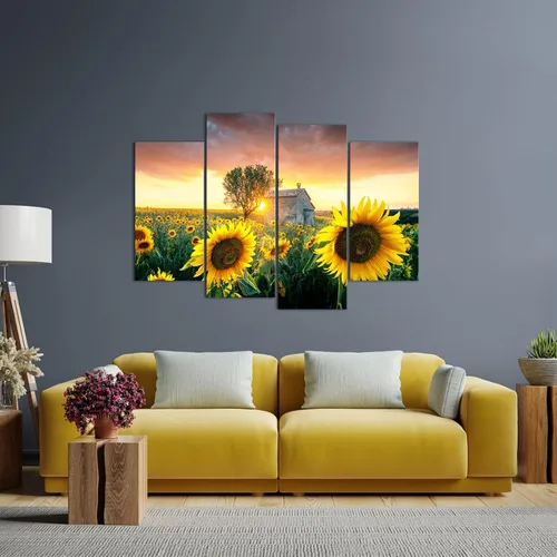 Vista 3 de Biuteawal Lienzo decorativo de girasol para pared, 4 piezas, puesta de sol, paisaje, impresión de flores amarillas, cuadro enmarcado, arte de campo