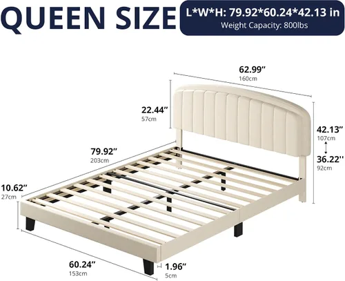 Vista 2 de Base de cama tamaño Queen, moderna cama tapizada de terciopelo, cabecera ajustable, listones de madera fuertes, sin ruido, no necesita somier, fácil