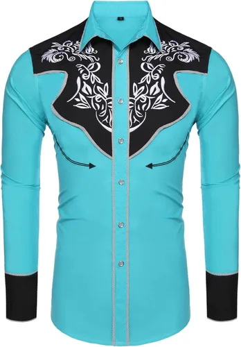 Vista 2 de Daupanzees Camisas bordadas de manga larga para hombre, ajustadas, casuales, con botones