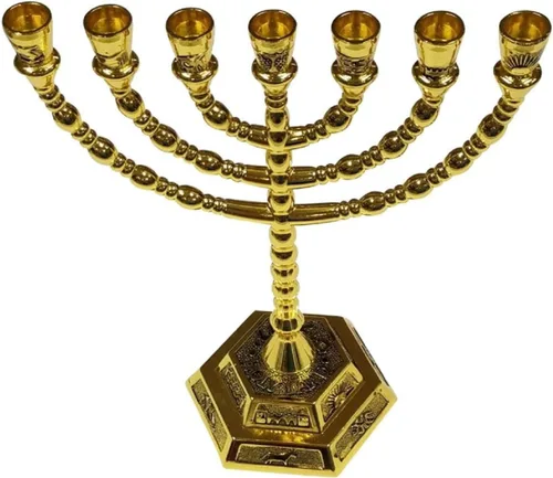 Vista 3 de Bethlehem Gifts TM 8" 7 ramas Hexagonal Base 12 Tribus de Israel Menorah (Oro)