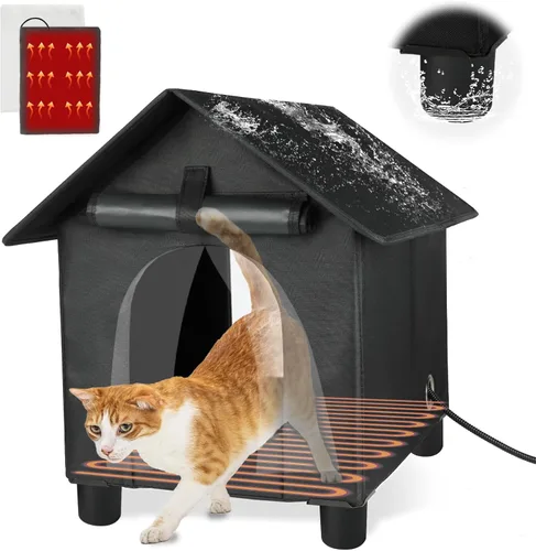 Vista 8 de FHTONGE Casa elevada para gatos con calefacción para gatos al aire libre en invierno, resistente a la intemperie, refugio para gatos con 2