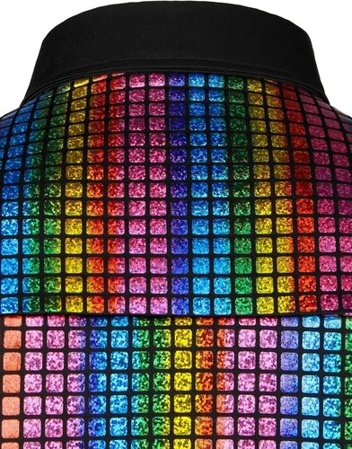 Vista 6 de JOGAL Men's 70s Costume Rainbow Sequins Disco Party Dress Short Sleeve Button Down Shirts