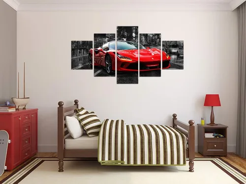 Vista 3 de Póster de pared en blanco y negro, 5 piezas, diseño de automóvil deportivo rojo grande, lienzo para habitación de niños, dormitorio, sala de estar