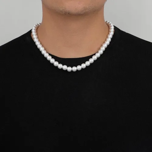 Vista 3 de Collar de perlas para hombre, collar de perlas redondas blancas, gargantilla de perlas, joyería de moda, regalo de joyería de moda, hecho a mano