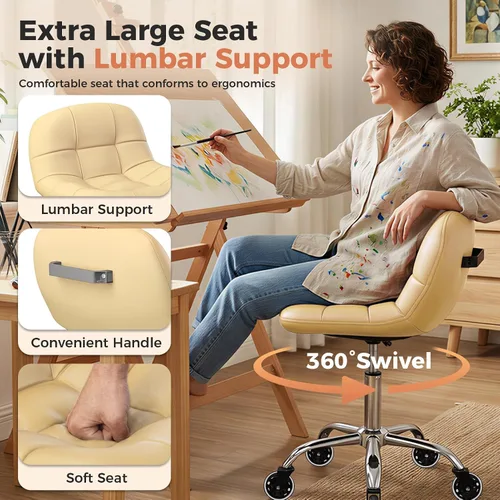 Vista 10 de Taburete enrollable con ruedas, taburete ajustable en altura con soporte para la espalda, silla de dibujo de oficina con cojín de piel sintética
