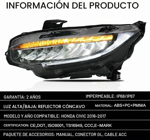 Vista 8 de VLAND Faros delanteros para Honda Civic de 10ª generación Sedan/Coupe/Hatchback/Type R 2016-2021