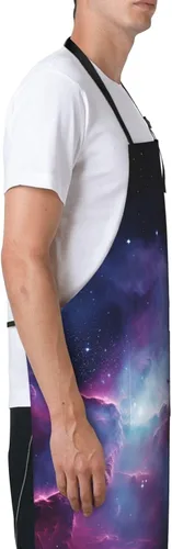Vista 3 de Delantales de galaxia púrpura y azul para mujer con 2 bolsillos, delantal de cocina para hombres, resistente al agua y al aceite, delantal ajustable