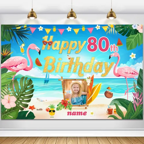 Vista 78 de Cartel de decoración de feliz cumpleaños número 100 personalizable con flamencos, playa, trópicos, Hawái y tema de verano, tamaños grandes