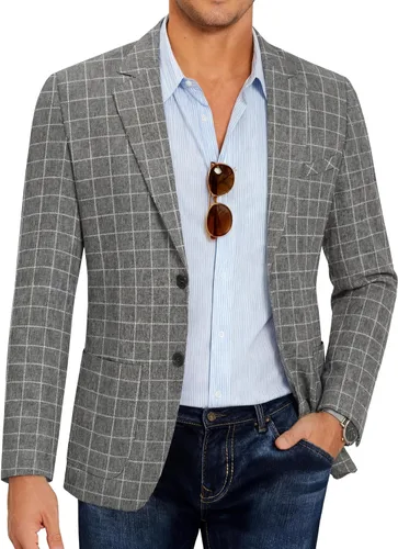 Vista 10 de COOFANDY Mens Blazer Casual Slim Fit Sport Coats Lightweight Sport Jacket Linen Textured Blazer, Two Button Suit Jacket, Patch Pockets, Plaid B