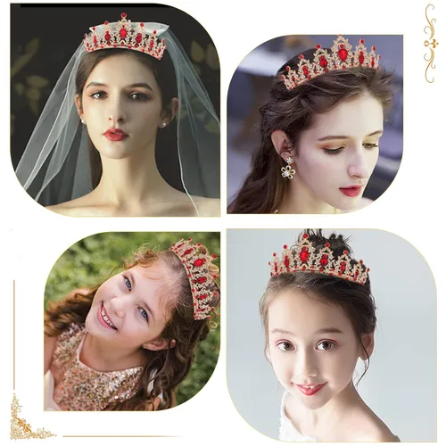 Vista 5 de WHAVEL Corona dorada de reina roja, corona de princesa con diamantes de imitación, accesorios para el cabello para cumpleaños, bodas, bailes