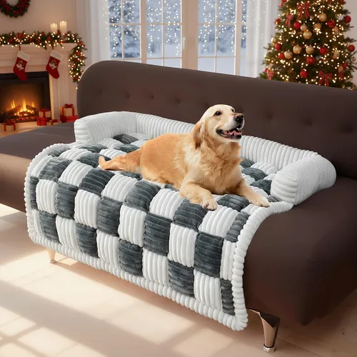 Vista 15 de LiveGo Fundas mullidas para sofá para mascotas, funda de sofá mullida, funda de sofá mullida color crema, cuadrada, a cuadros, alfombra de felpa