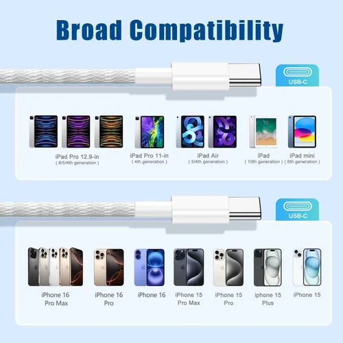 Vista 7 de Cable de carga rápida USB C a C de 3 pies, cable de carga tipo C a USB C para iPhone 17 Pro Max/17 Air/16 Pro/15 Plus, MacBook Pro USB C a C - Blanco