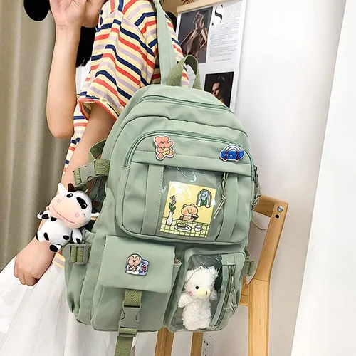 Vista 6 de Yoaujeo Mochila Kawaii con pin Kawaii y accesorios, bonita mochila estética para adolescentes, niñas, estudiantes, escuela, Verde