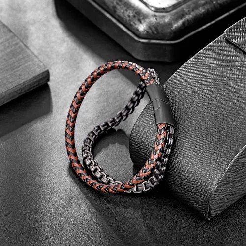 Vista 5 de murtoo Pulsera de cuero y acero, cadena de acero inoxidable y pulseras de cuero para hombre
