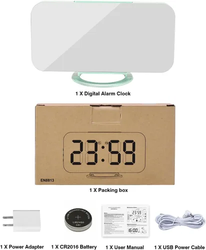 Vista 7 de Reloj despertador para dormitorio, reloj digital con espejo LED de 7 pulgadas, pantalla grande, con 2 puertos de carga USB, atenuador automático