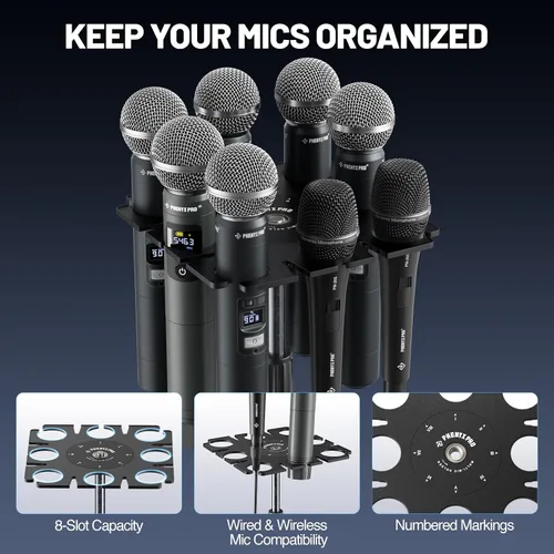 Vista 6 de Phenyx Pro Sistema de micrófono inalámbrico PTU-4200-8H incluido con soporte de micrófono múltiple de 8 ranuras MA-H1