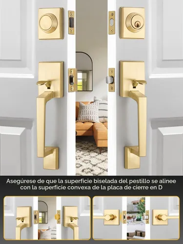 Vista 7 de EHOMEWARE Juego de manijas dobles para puerta delantera, paquete de 1 manija de puerta cuadrada de latón satinado, combinación de perilla de puerta