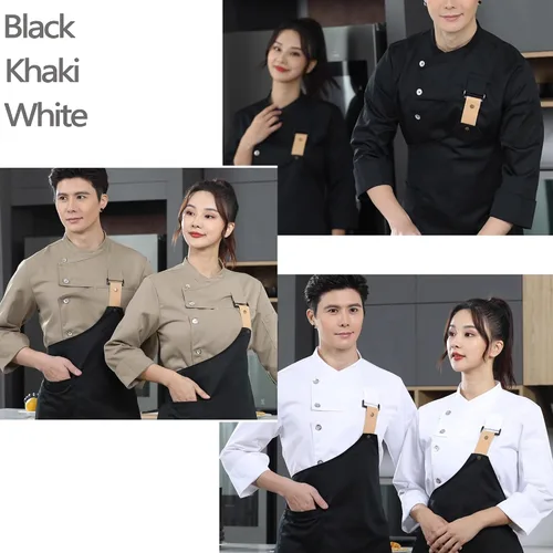 Vista 5 de Chaqueta de chef de moda para hombre, transpirable, transpirable, con ventilación oculta, uniforme de chef (abrigo+delantal)