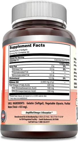 Vista 3 de Suplemento de Aceite de Salmón Salvaje de Alaska Amazing Omega 2000 Mg por Porción 180 Cápsulas Blandas Sin OMG Sin Gluten Fabricado