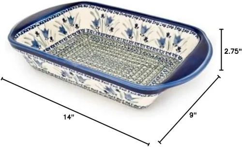 Vista 2 de Blue Rose Polish Pottery - Panadero rectangular grande con asas de tulipán azul, 11.5 x 9.25 pulgadas, único, apto para lavavajillas y duradero