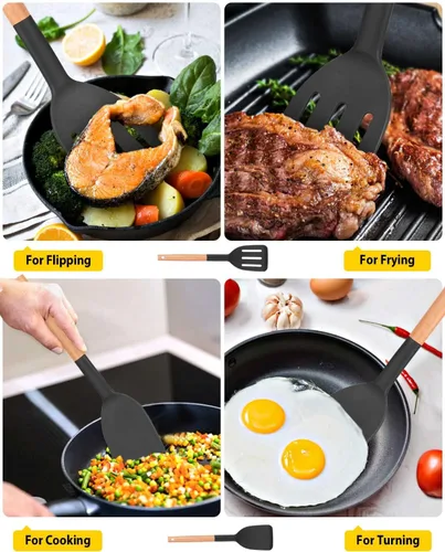 Vista 4 de Paquete de 2 espátulas de cocina de silicona, espátulas sólidas resistentes al calor, espátulas ranuradas antiadherentes con mango corto de madera