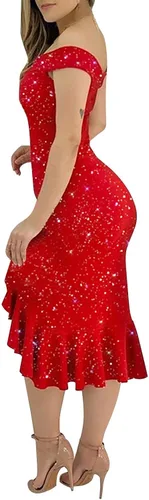 Vista 3 de Mini vestidos de verano para mujer, sexy, con hombros descubiertos, manga corta, con lentejuelas, volantes, irregulares, para cócteles