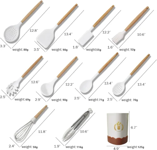 Vista 3 de Juego de utensilios de cocina de silicona negra, juego de utensilios de cocina de silicona resistente al calor con mango de madera, cucharas