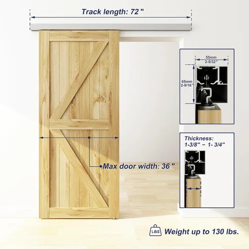 Vista 4 de JUBEST Kit de riel de puerta corredera de granero de 6 pies, riel de caja de aluminio montado en la pared, kit de herrajes para puertas de granero