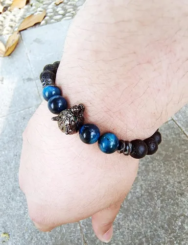 Vista 3 de CEYIYA Viking Wolf Head Bracelet - Anti Anxiety Energy Stone Beaded Bracelet for Men and Boys,Healing Crystal Stress Relief Charm Wolf Bracelet for