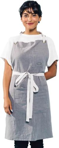 Vista 8 de Delantal de cocina de lino Caldo para cocinar - Delantal con peto de lino para hombres y mujeres para chef profesional, camarero o barista - Hueso