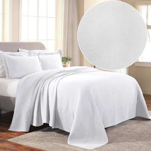 Vista 3 de Superior Fleur De Lis - Juego de colcha de algodón de 3 piezas, decoración de cama para el hogar, colcha decorativa con textura, 2 fundas de Blanco