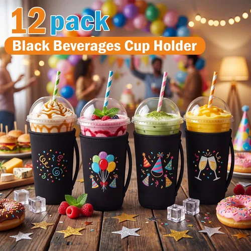 Vista 2 de Boao 12 fundas para vaso de neopreno reutilizables con asa, funda aislada para taza para café helado, bebida fría, anticondensación, sin sudor