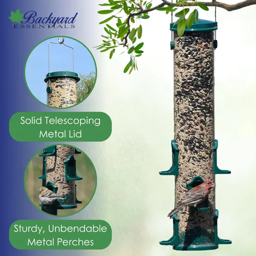 Vista 2 de Alimentador de tubo para pájaros, alimentador de tubo verde mamut de 6 puertos con tapa de metal, perchas y puertos, capacidad para 10 tazas
