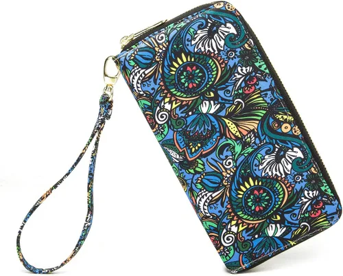 Vista 32 de Cartera de mano para mujer, estilo bohemio, con RFID, elegante, espaciosa con correa para viajes, capacidad para tarjetas, teléfono, dinero