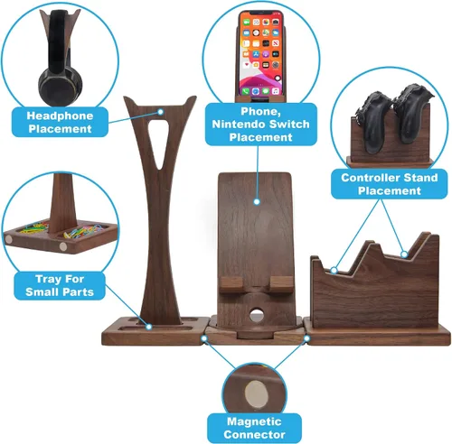 Vista 5 de Regalo de jugador para esposo novio, organizador de controlador ajustable con soporte para auriculares, soporte giratorio para teléfono y soporte