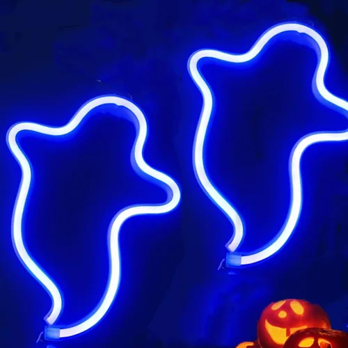 Vista 5 de Letreros LED de neón de fantasma, lámpara de noche decorativa de terror, funciona con pilas, luces góticas inalámbricas, decoraciones de Halloween