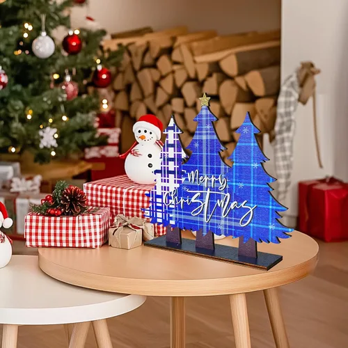 Vista 5 de NEROSUN 5 piezas de decoraciones de centro de mesa navideñas, letreros de decoración de mesa de madera de muñeco de nieve navideño, Papá Noel