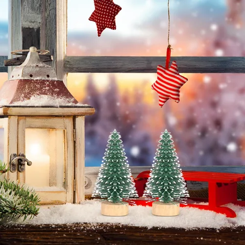 Vista 8 de SEWACC 10 mini árboles de Navidad de 2.0 in, botella de escarcha de nieve artificial con base de madera, adornos de nieve de invierno para Navidad