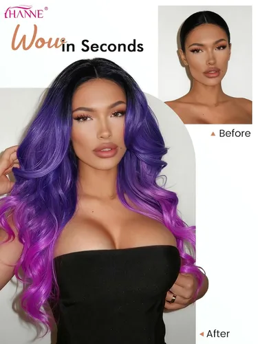 Vista 4 de HANNE - Peluca larga color Ombre con cabello rizado sintético, resistente al calor, de alta densidad y llena para mujeres 1B/azul/púrpura