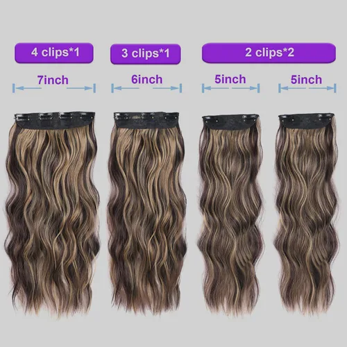 Vista 2 de piaou Extensiones de cabello rizado con clip, de 20 pulgadas, 4 unidades, balayage, extensiones de cabello castaño oscuro a castaño, extensiones