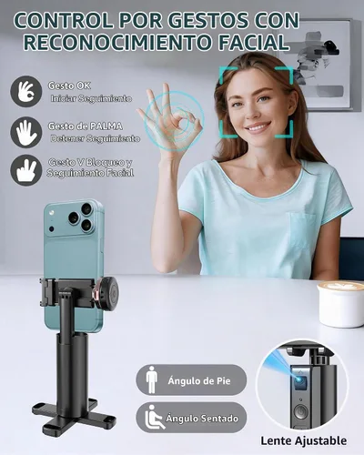 Vista 3 de Trípode de teléfono con seguimiento automático, rotación de 360°, trípode de seguimiento facial automático con gestos y control remoto, soporte