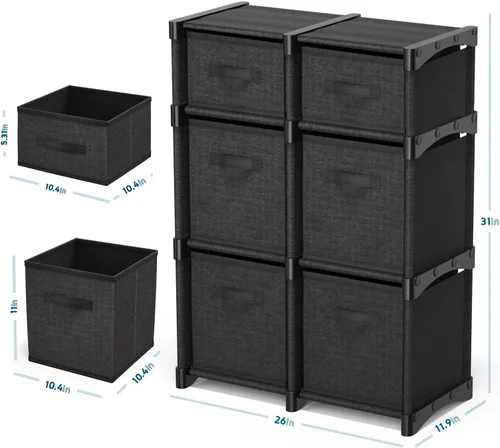 Vista 2 de Estante organizador de almacenamiento de tela de 6 cubos para dormitorio, sala de juegos y más, estantes resistentes para cubos de bricolaje en negro