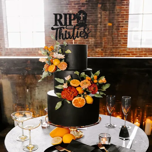 Vista 5 de 1 decoración para tartas Rip Thirties con purpurina negra de la muerte a mis treinta, decoración de pastel Rip to My 30s para funeral de los años