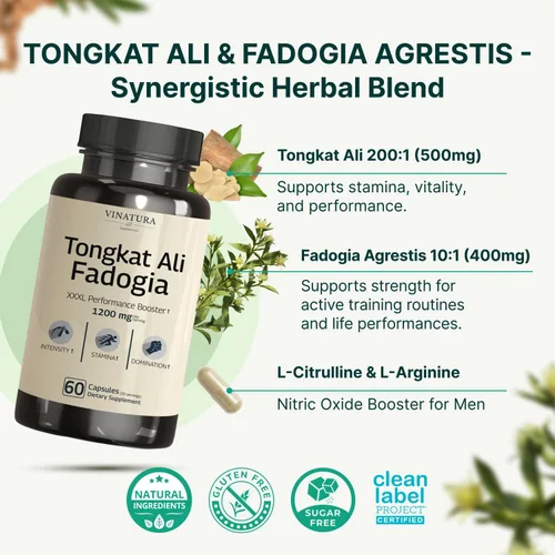 Vista 2 de Tongkat Ali Fadogia Agrestis - 1200 mg, mejorado con suplemento de refuerzo de óxido nítrico, Longjack Tongkat Ali para hombres, *Hecho y probado