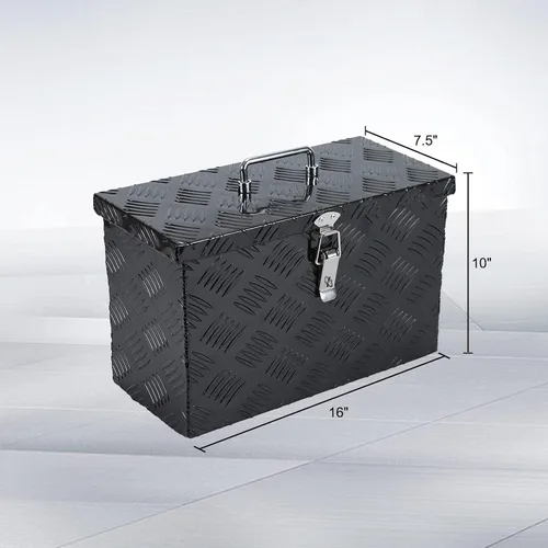 Vista 3 de Caja de herramientas de aluminio negro resistente de 16 x 7.5 x 10 pulgadas con cerraduras y llave de cierre con mango en T, caja de herramientas
