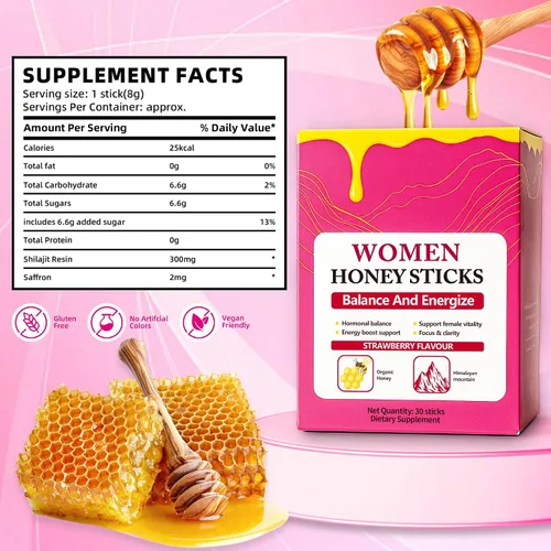 Vista 2 de Bloomin - Palitos de miel Shilajit para mujeres, palitos de miel de fresa, energía natural y potenciador de vitalidad con shatavari y azafrán