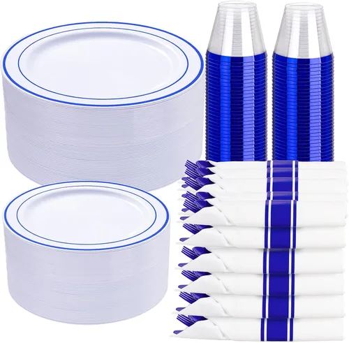 Vista 10 de WELLIFE 210 vajilla de plástico negro con servilletas preenrolladas, incluye: 30 platos llanos, 30 platos de postre, 30 servilletas de papel, 30