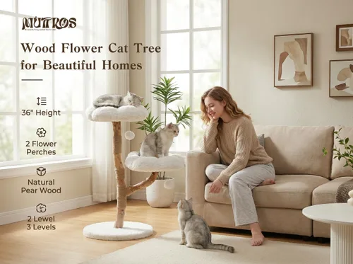 Vista 3 de MUTTROS Árbol de gato de madera con flores, torre de gato moderna con ramas de madera real, muebles de lujo boho con poste para rascar y 2 perchas